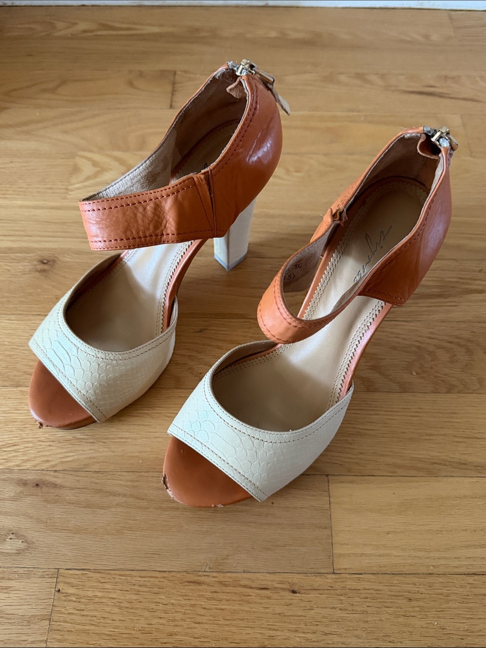 Two-Tone Orange and Cream Block Heel Sandals with Ankle Strap